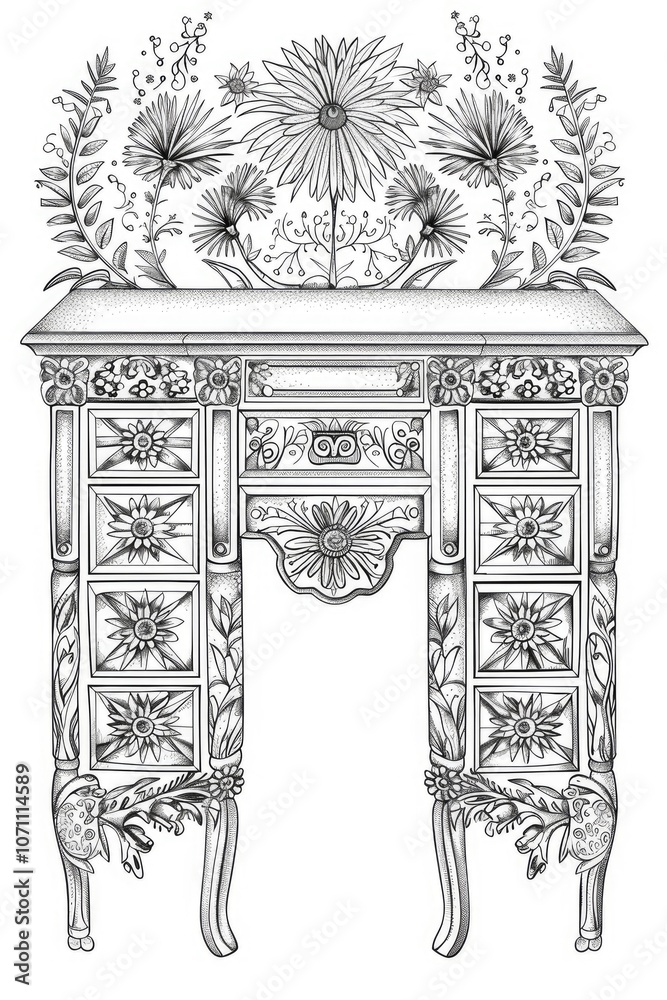Fototapeta premium Coloring book illustration of a desk with decorative fireworks elements
