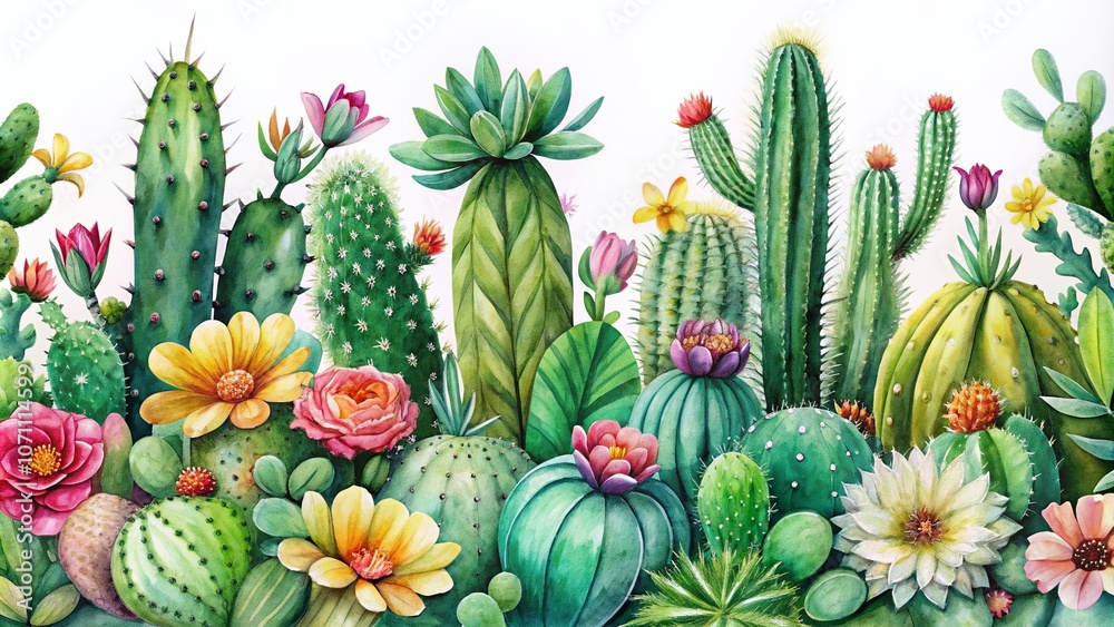 Fototapeta premium Panoramic Watercolor Illustration of Green Cactus and Floral Botanical Flowers in Spring, Isolated on Transparent Background for Fashion and Nature Inspired Designs