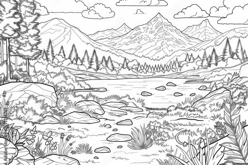 Coloring book illustration of a scenic summer hiking tour to a mountain lake Coloring book illustration of a scenic summer hiking tour to a mountain lake