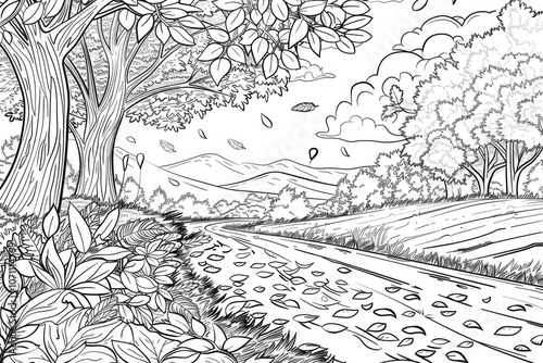 Coloring book illustration of vibrant autumn foliage along a scenic roadway