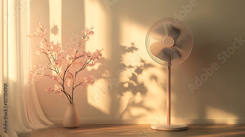 3D illustration of a stand fan mockup with a warm interior backdrop