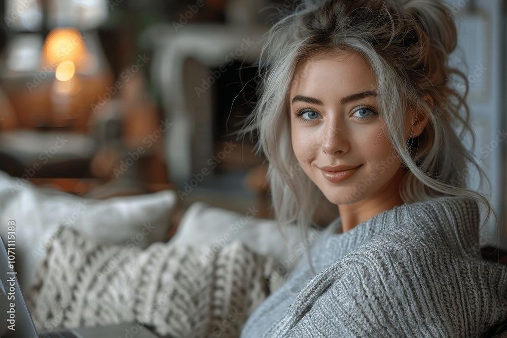Focused young woman using laptop on sofa at home, working or studying online, casual and relaxed Focused young woman using laptop on sofa at home, working or studying online, casual and relaxed
