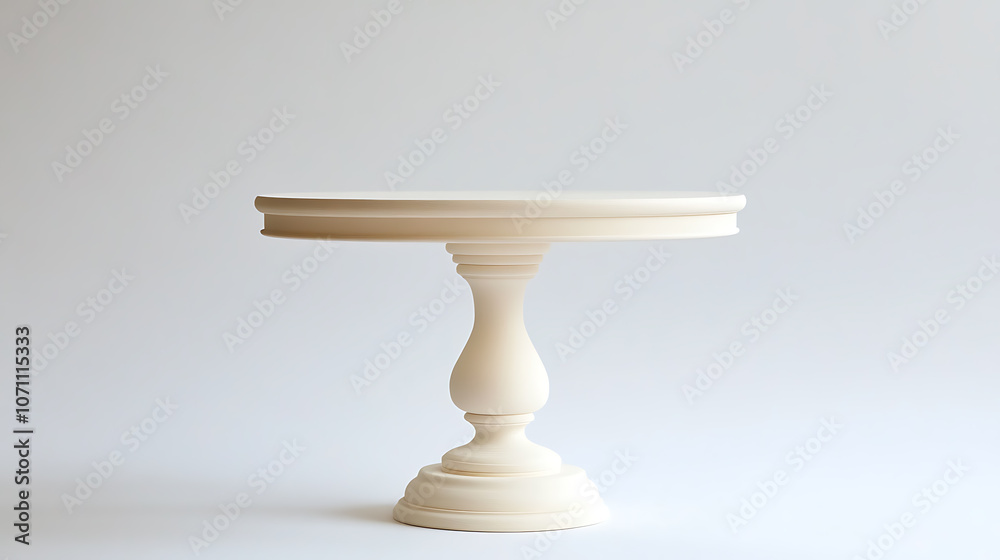 A cake and dessert stand made of white wood with a leg, Stand alone against a white background A cake and dessert stand made of white wood with a leg, Stand alone against a white background