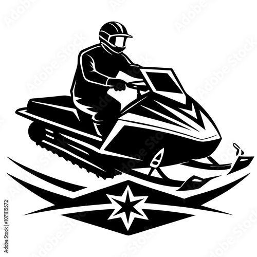 Snowmobile Rider: A black and white illustration of a snowmobiler with a helmet on, driving on snow with a star in the background.  