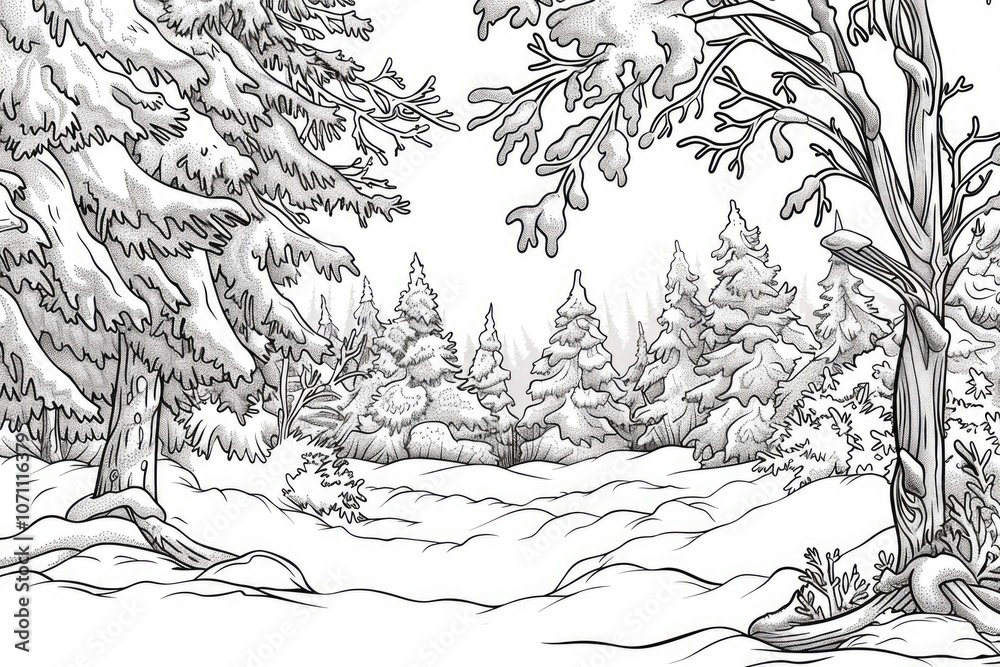Obraz premium Coloring book illustration of tree twigs adorned with hoarfrost and snow in a winter forest scene