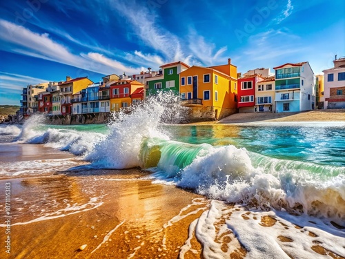 Picturesque Sea Waves Splashing on Beach in Charming Spanish Holiday Town with Colorful Houses and a Clear Blue Sky, Ideal for Vacation Inspiration and Travel Photography photo