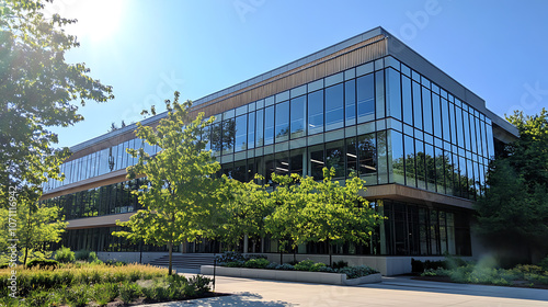 A modern office building with glass windows and trees outside, illuminated by sunlight against the blue sky