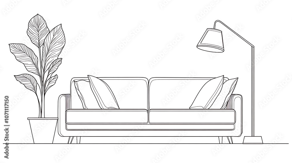 A single, uninterrupted line drawing depicting a sofa, lamp, and potted deciduous plant, Modern couch with two pillows in a simple linear design for the home, Editable stroke Vector illustration A single, uninterrupted line drawing depicting a sofa, lamp, and potted deciduous plant, Modern couch with two pillows in a simple linear design for the home, Editable stroke Vector illustration