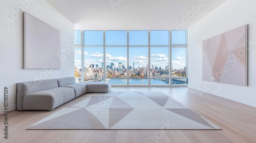 A spacious  minimalist living room with a sleek  gray sectional sofa facing a large window with city views  accented by a geometric rug and abstract art.