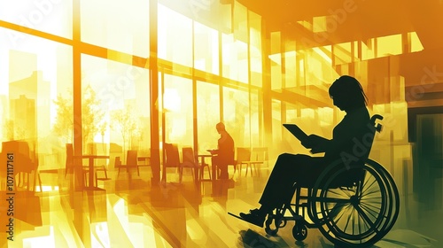 Wallpaper Mural Modern Café Scene with Wheelchair User Reading Tablet Torontodigital.ca