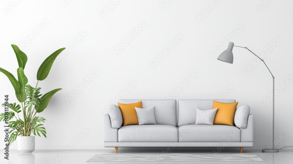 A minimalist living room with a gray sectional sofa, a geometric rug, and a floor lamp with a minimalist design, creating a sense of calm and order. A minimalist living room with a gray sectional sofa, a geometric rug, and a floor lamp with a minimalist design, creating a sense of calm and order.