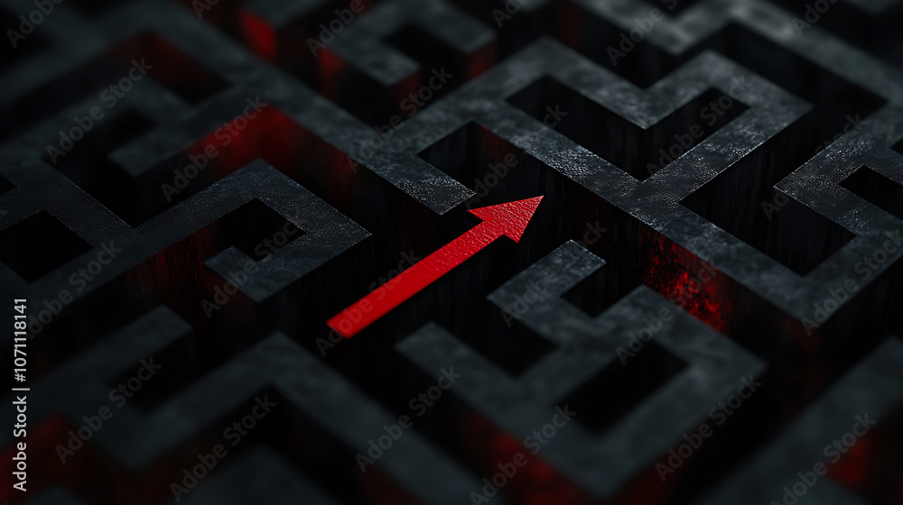 A red arrow navigating through a complex black maze, symbolizing overcoming obstacles and finding solutions A red arrow navigating through a complex black maze, symbolizing overcoming obstacles and finding solutions