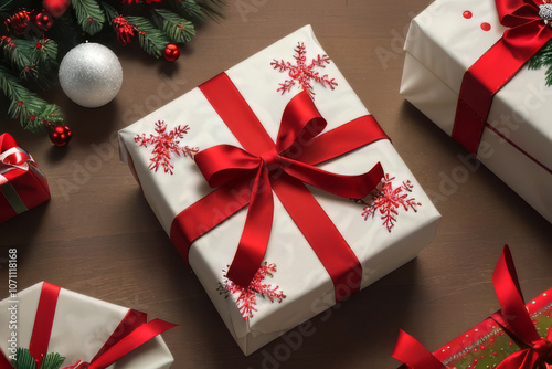 Beautifully Wrapped Christmas Gift Box with Red Ribbon and Festive Ornaments.
