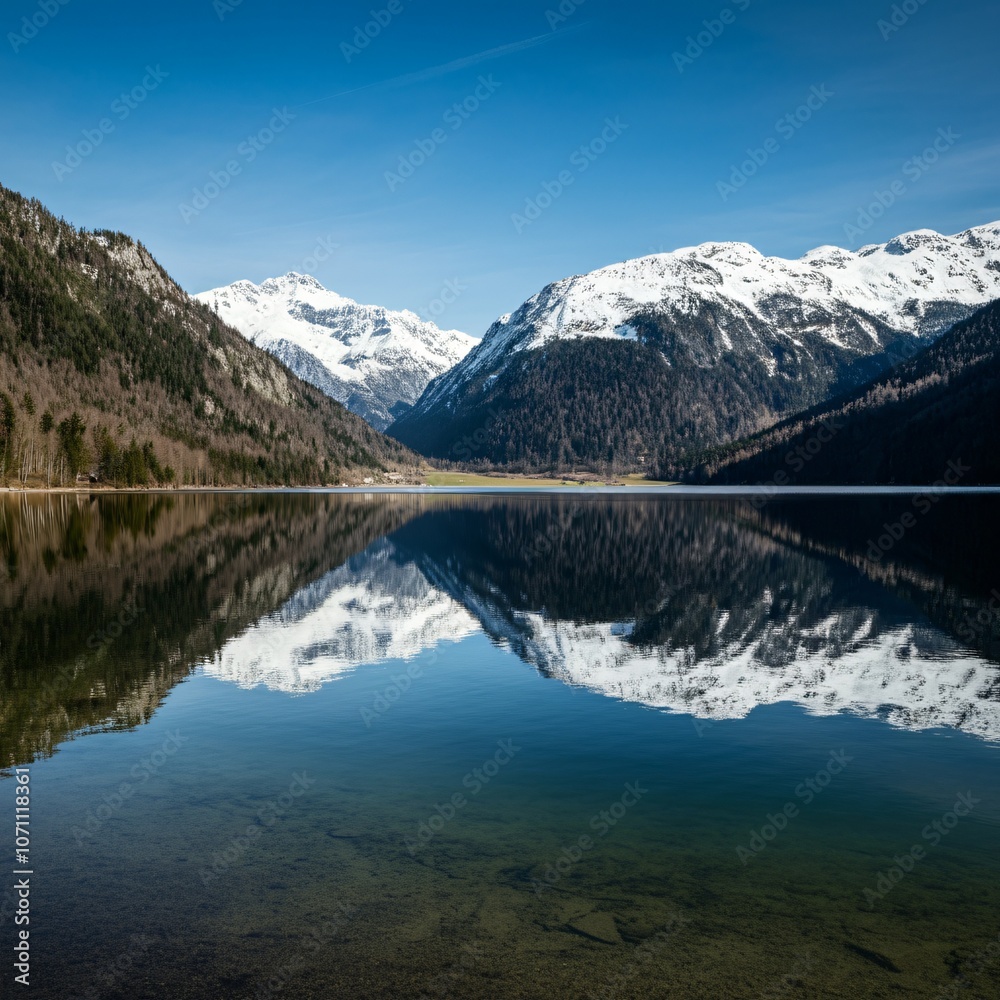 Fototapeta premium Calm alpine lake with perfectly still water reflecting snow-capped peaks