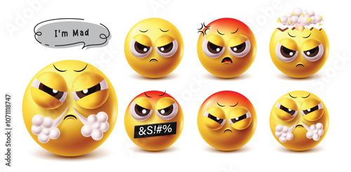 Mad emoji emoticon vector character set. Emojis sad, stress, explode, boredom, frustration and mad facial expression emoticon character design elements. Vector illustration mad emoji collection set.
