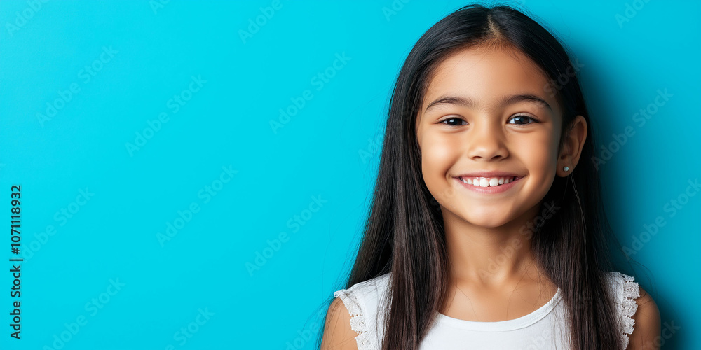 Portrait of little latina girl smiling, wearing white t-shirt, blue background Portrait of little latina girl smiling, wearing white t-shirt, blue background