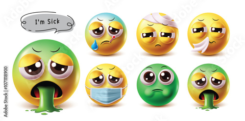 Sick emoji emoticons vector characters set. 3d illness emoticon like flu, bandage, sneezing, cough, fever and vomit yellow emojis characters in white background. Vector illustration sick emoji 