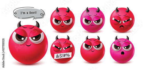 Devil emoji emoticon vector character set. Red and purple 3d emojis character faces like daemon, monster, bad, angry and evil emoticon graphic elements. Vector illustration devil emojis collection set
