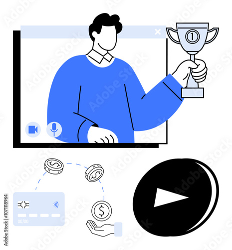 Person holding a trophy while appearing on a video call. Includes money exchange with hand and card, play button. Ideal for online events, e-commerce, digital content, web, v07inar, e-learning