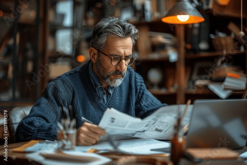 Focused Businessman Reading Documents at Desk with Laptop