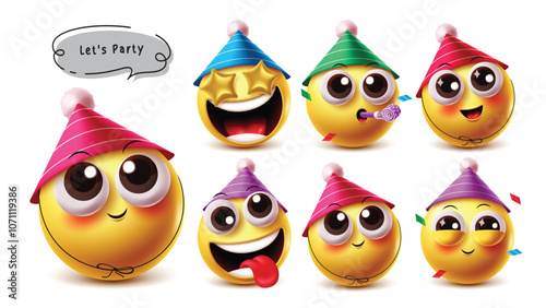 Birthday party emoji vector character set. 3d emojis happy birthday emoticon character wearing colorful hat in star eye, blowing, happy, naughty and cute facial expression collection elements. Vector 