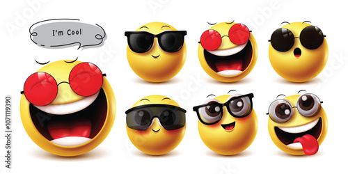 Cool 3d emoji vector characters set. Emojis happy face cool emoticons wearing sunglasses in cute smile, laughing, surprise, enjoy and funny facial expressions graphic design. Vector illustration emoji