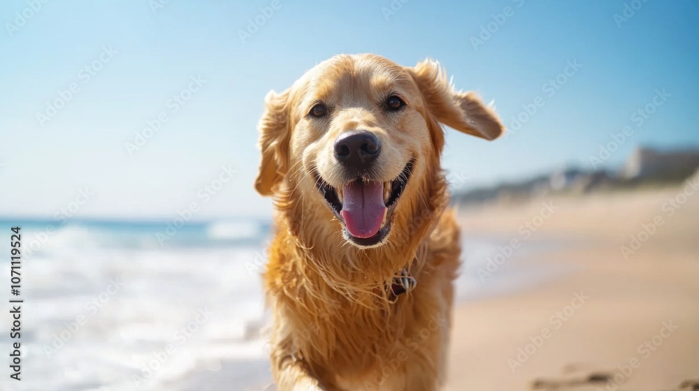 Happy Dog Running on the Beach with Ocean Waves Happy Dog Running on the Beach with Ocean Waves