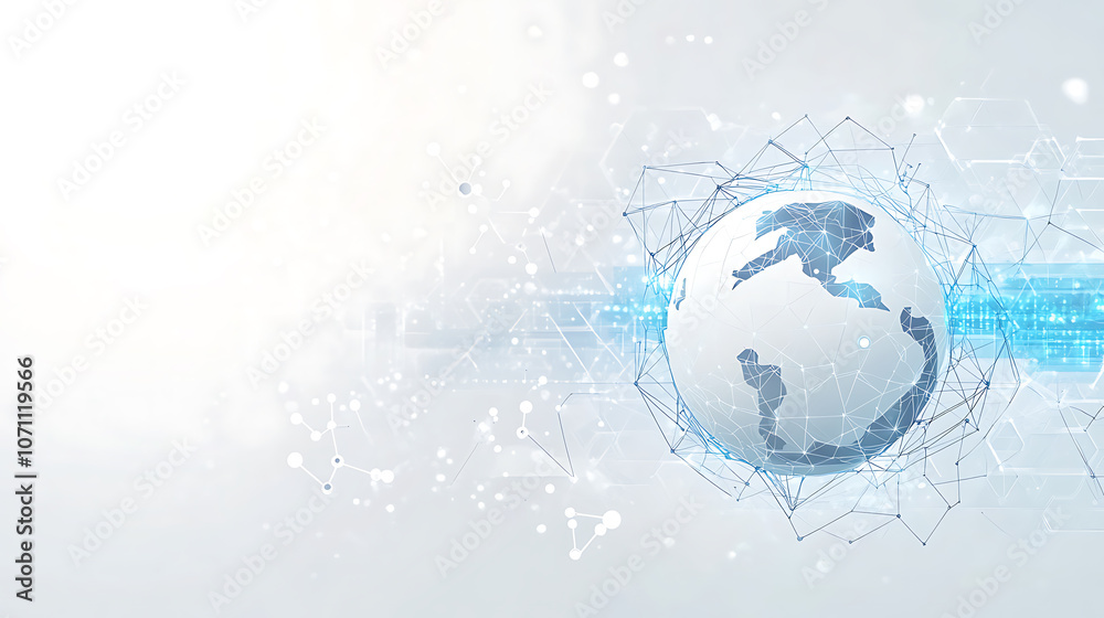 Abstract digital technology background with a globe and network connections, in a white and blue color theme, on a white background, with a flat design, simple shapes Abstract digital technology background with a globe and network connections, in a white and blue color theme, on a white background, with a flat design, simple shapes