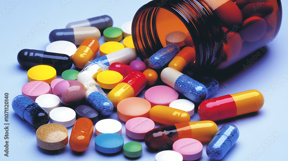 A variety of colorful pills scattered around an open bottle against a soft blue background highlight the variety of forms of treatment and health management A variety of colorful pills scattered around an open bottle against a soft blue background highlight the variety of forms of treatment and health management