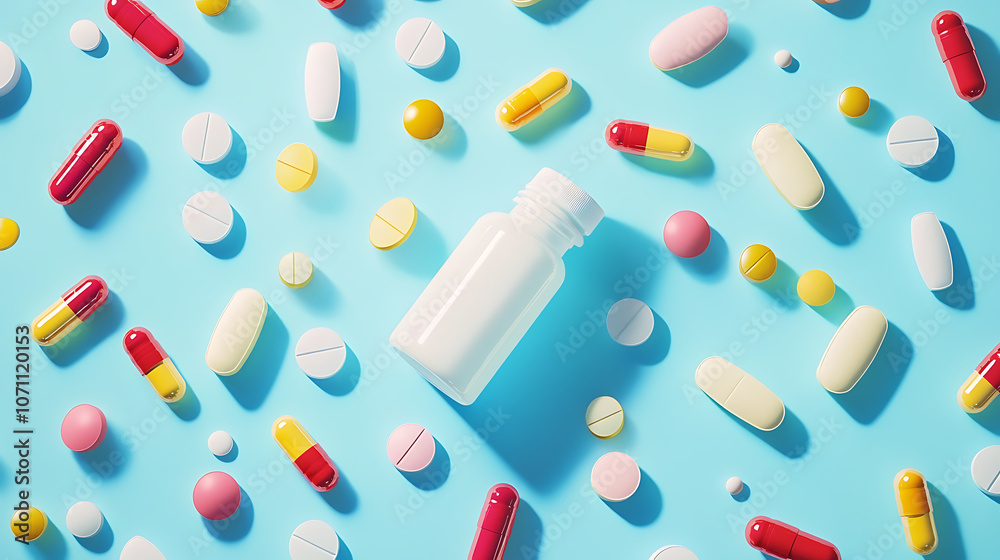A variety of colorful pills scattered around an open bottle against a soft blue background highlight the variety of forms of treatment and health management
