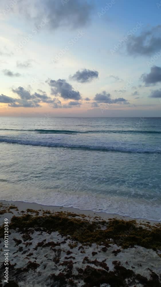 Beach at dawn. With little light and with the sun yet to rise. Rough sea, with several waves. Some birds flying. Blue cloudy sky with yellow tones. Movement to the left. Beach at dawn. With little light and with the sun yet to rise. Rough sea, with several waves. Some birds flying. Blue cloudy sky with yellow tones. Movement to the left.