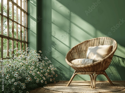 Modern Home Room with Green Wall and Armchair photo