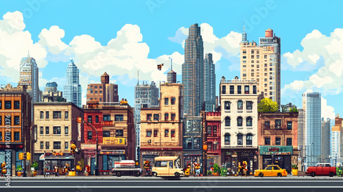 Bustling City Pixel Art: A lively pixel art scene featuring charming characters in a cityscape. Generative AI 