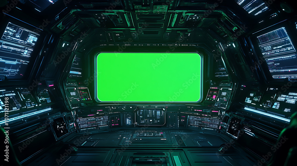 Obraz premium Cockpit view from spaceship with futuristic interface and green screen