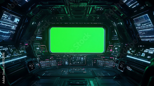 Fototapeta Naklejka Na Ścianę i Meble -  Cockpit view from spaceship with futuristic interface and green screen