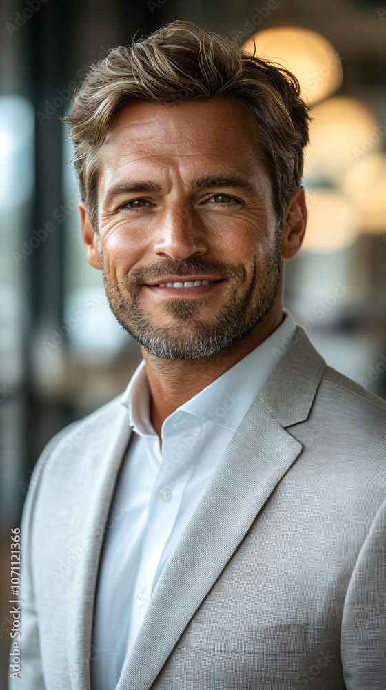 close-up portrait of confident smiling businessman in office