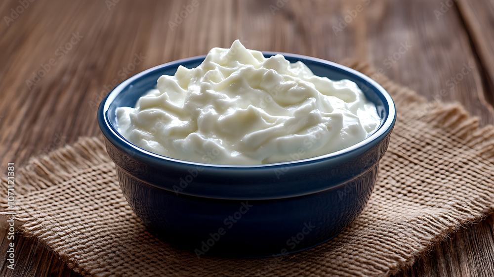 Greek yogurt in blue bowl on rustic wooden table top view Greek yogurt in blue bowl on rustic wooden table top view