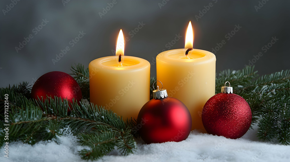 Christmas Table with Candles: Capture a festive Christmas table setting with burning candles, evergreen branches, and red baubles, perfect for family gatherings.Generated with AI Christmas Table with Candles: Capture a festive Christmas table setting with burning candles, evergreen branches, and red baubles, perfect for family gatherings.Generated with AI