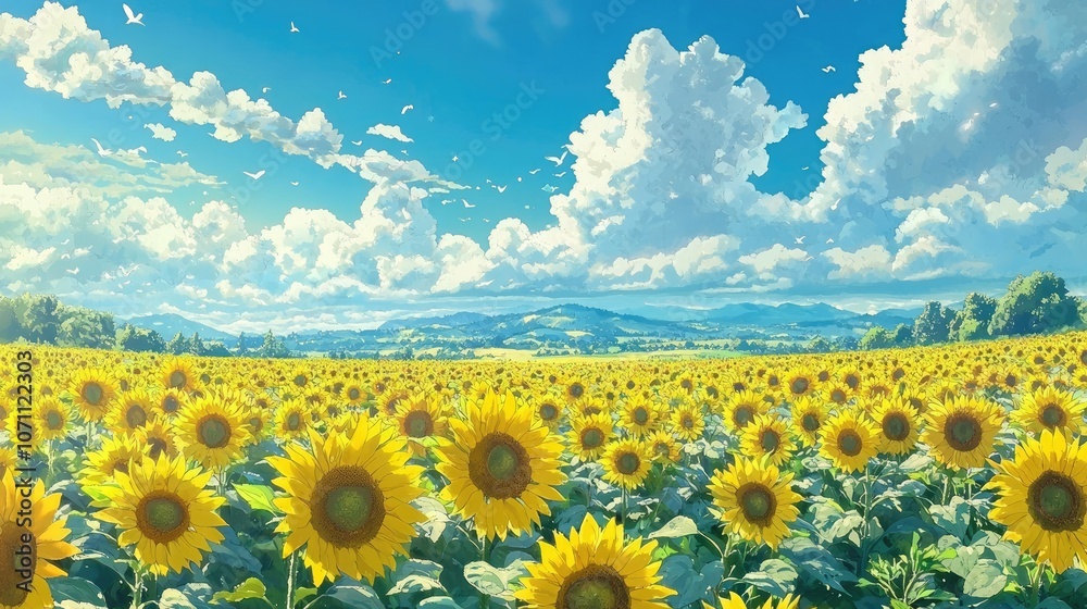 Obraz premium A vibrant field of sunflowers under a bright blue sky with puffy white clouds.