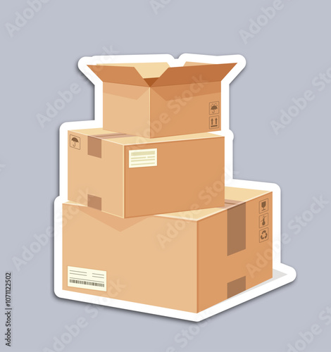 Delivery label. Stack of volumetric cardboard boxes. Logistics, transportation and shipping. Import and export. Graphic element for website. Flat vector illustration
