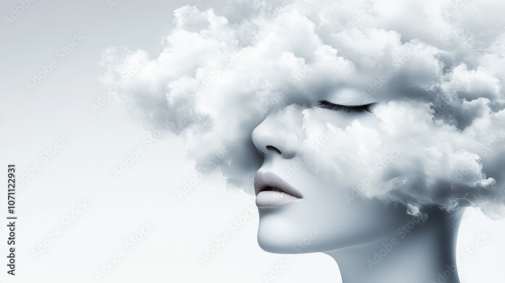 A portrait with a person face partially obscured by clouds, creating a dreamy, ethereal effect that invites interpretation. A portrait with a person face partially obscured by clouds, creating a dreamy, ethereal effect that invites interpretation.