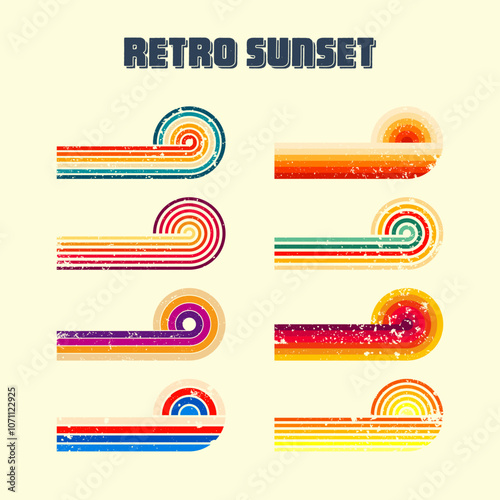 Grunge horizontal vintage sunsets. Various colorful striped sunrise badges in 80s and 90s style. Sun and ocean view, summer vibes, surfing. Design element, print, logo or t-shirt. Vector illustration