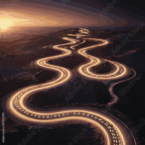 Top view of winding car road, street lights, trees and bushes at night. Vector cartoon illustration of aerial view of summer landscape with curve asphalt highway, lanterns, green grass and stones.	