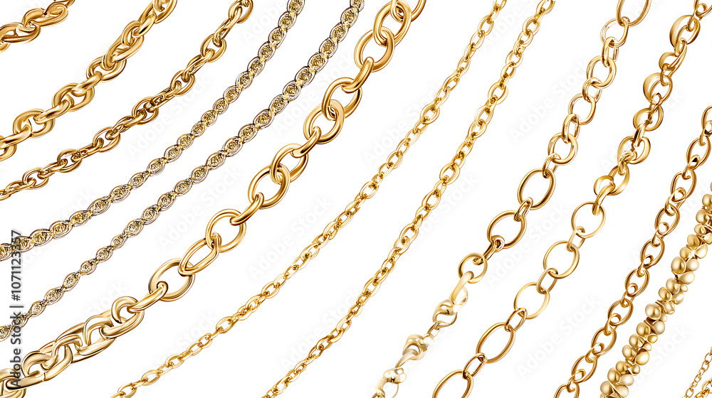 Collection of realistic vector illustrations of golden chains, with gold links displayed against a white background Collection of realistic vector illustrations of golden chains, with gold links displayed against a white background