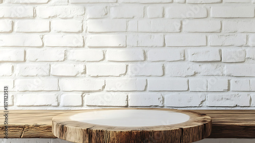 Kitchen table with an empty wooden pedestal in front of a white brick wall