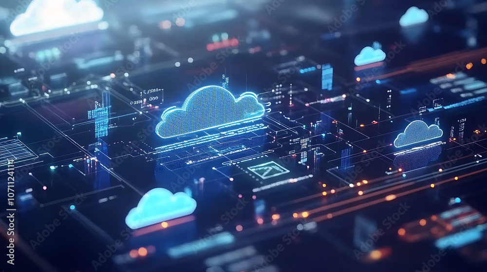Digital interface with cloud icons and graphs representing cloud cost management and optimization Digital interface with cloud icons and graphs representing cloud cost management and optimization
