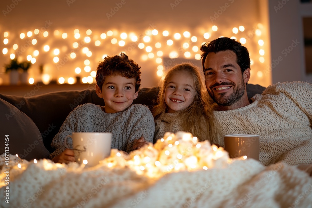 Family cuddled up on a sofa with hot chocolate, soft blankets, watching a movie. Generative AI Family cuddled up on a sofa with hot chocolate, soft blankets, watching a movie. Generative AI
