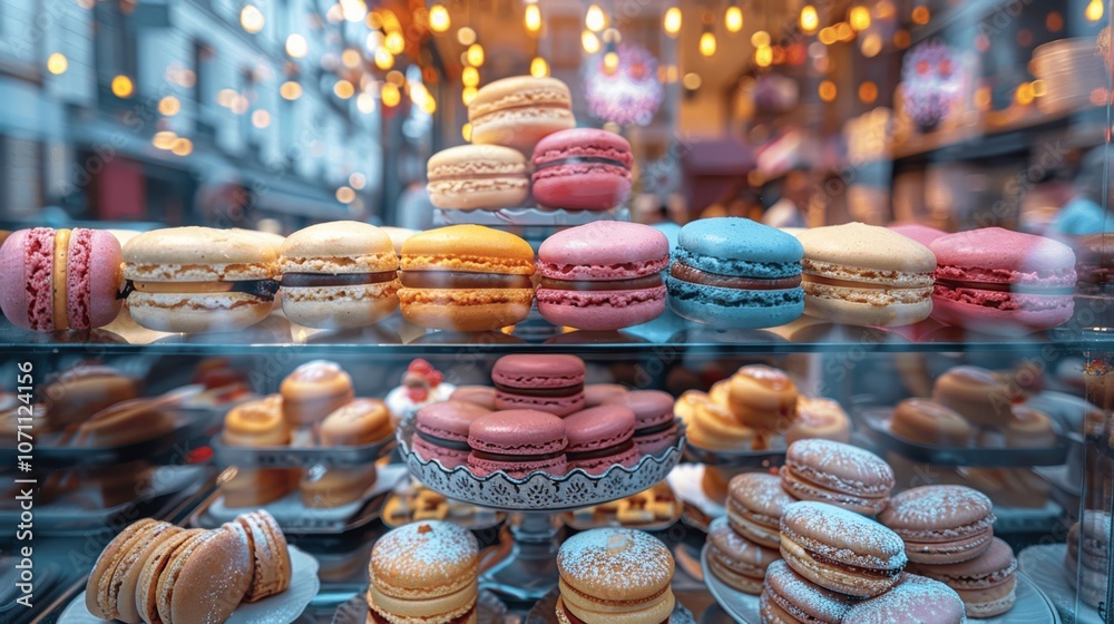 Elegant French Bakery Display with Colorful Pastries and Macarons Elegant French Bakery Display with Colorful Pastries and Macarons