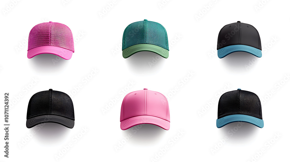 Set of trucker hats in pink, green, black, and blue, separated on a white background, separate cap isolated, different styles of baseball caps, A branding mock-up Set of trucker hats in pink, green, black, and blue, separated on a white background, separate cap isolated, different styles of baseball caps, A branding mock-up