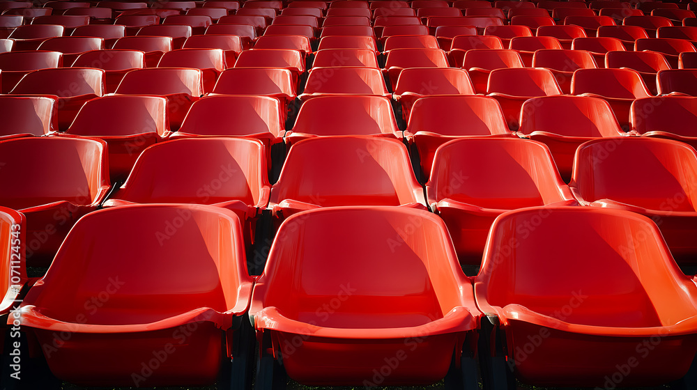 Fototapeta premium Several rows of red plastic grandstand seats in a daylight, open-air stadium